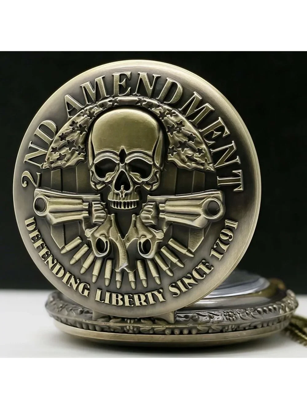 Men's Brown Engraved Cowboys Arabic Numerals Skull Bronze Chain Pocket Watch
